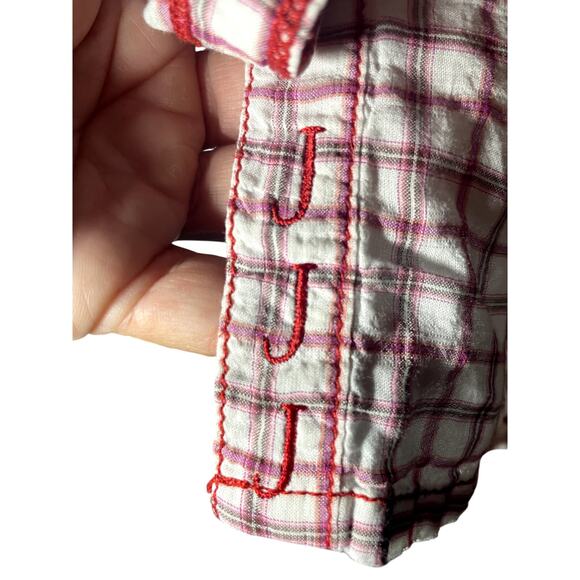 3J Workshop by Johnny Was Red Plaid Button Down Shirt/Embroidered Floral Roses - Picture 5 of 9